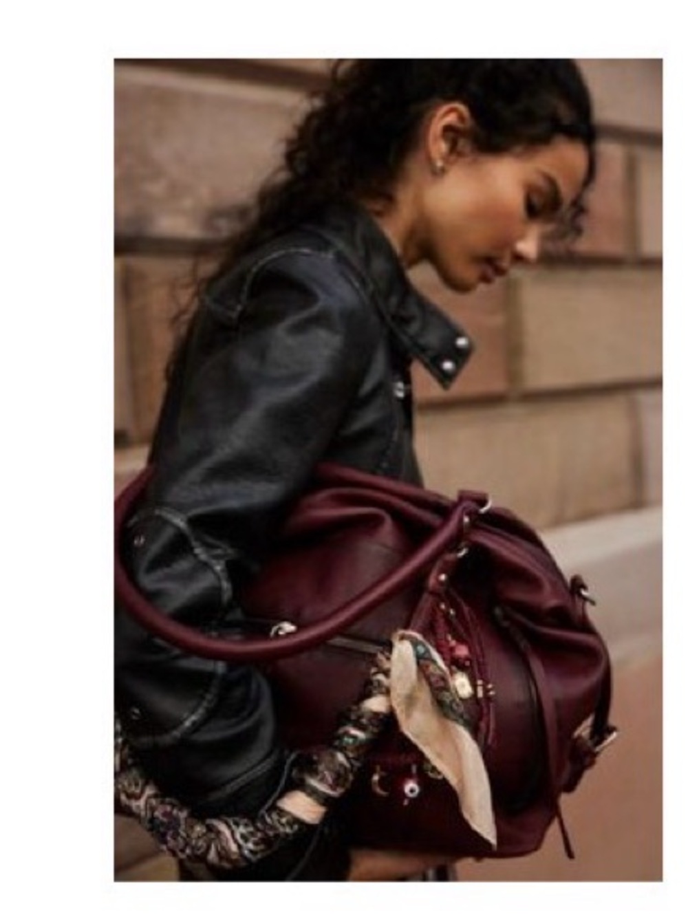 Free People Burgundy Shoulder Bag with Patterned Scarf Accent